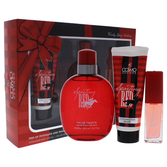 Cosmo Designs Sporting Red by Cosmo Designs for Men - 3 Pc Gift Set 3.4oz EDT Spray, 0.5oz EDT Spray, 1.7oz After Shave Balm