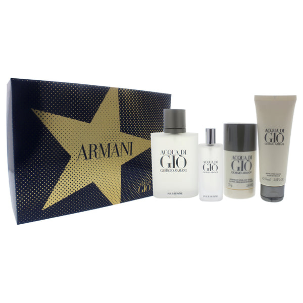 Giorgio Armani Acqua Di Gio by Giorgio Armani for Men - 4 Pc Gift Set 3.4oz EDT Spray, 0.5oz EDT Spary, 2.6oz Alcohol Free Deodorant Stick, 2.5oz After Shave Balm