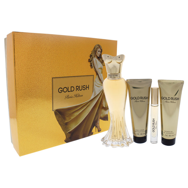 Paris Hilton Gold Rush by Paris Hilton for Women - 4 Pc Gift Set 3.4oz EDP Spray, 0.20oz EDP Rollerball, 3oz Body Lotion, 3oz Shower Gel
