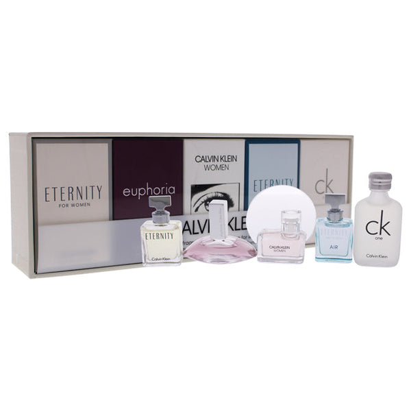 Calvin Klein Calvin Klein Deluxe Travel Collection by Calvin Klein for Women - 5 Pc Mini Gift Set 0.17oz Eternity EDP Spray, 0.13oz Euphoria EDP Spray, 0.17oz Ck Women EDP Spray, 0.17oz Eternity Air EDP Spray, 0.33oz Ck One EDT Spray