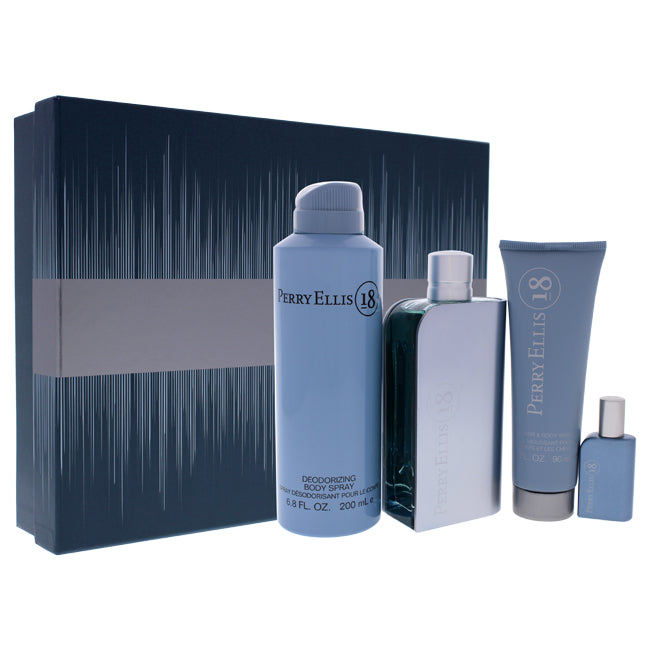 Perry Ellis Perry Ellis 18 by Perry Ellis for Men - 4 Pc Gift Set 3.4oz EDT Spray, 7.5ml EDT Spray, 6.8oz Body Spray, 3oz Hair and Body Wash