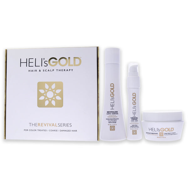 Helis Gold The Revival Series Travel Kit by Helis Gold for Unisex - 3 Pc 3.3oz Revitalize Shampoo, 3.3oz Restructure Masque, 1oz Crystal Cream