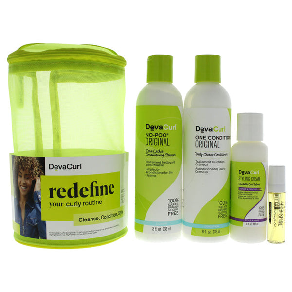 DevaCurl Spring Curly Kit by DevaCurl for Unisex - 4 Pc 8oz No Poo Original, 8oz One Condition Original, 3oz Styling Cream, 0.17oz High Shine