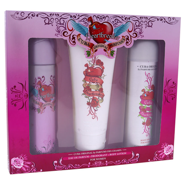 Cuba Cuba Heartbreaker by Cuba for Women - 3 Pc Gift Set 3.3oz EDP Spray, 6.7oz Body Spray, 4.3oz Body Lotion