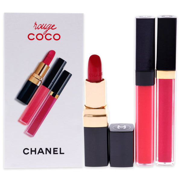 Chanel Rouge Coco Set by Chanel for Women - 3 Pc Set 0.19oz Lip Blush - 416 Teasing Pink, 0.12oz Ultra Hydrating Lip Color - 482 Rose Malicieux, 0.19oz Moisturizing Lip Gloss - 806 Rose Tentation