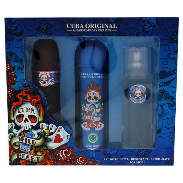 Cuba Cuba Wild Heart by Cuba for Men - 3 Pc Gift Set 3.4oz EDT Spray, 3.3oz After Shave, 6.7oz Body Spray