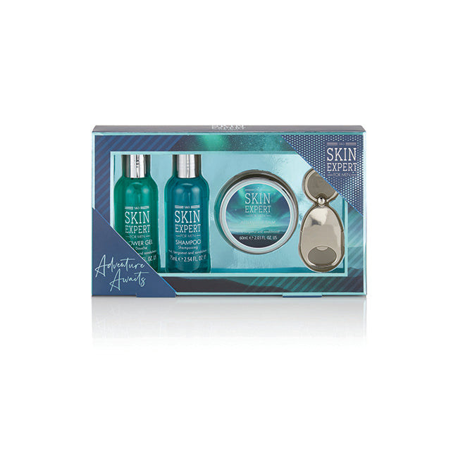 Style and Grace Skin Expert Mini Grooming Set by Style and Grace for Unisex - 4 Pc 2.7oz Shower Gel, 2.7oz Shampoo, 2oz Aftershave Balm, Bottle Opener Keyring