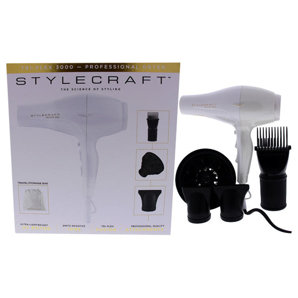 StyleCraft Tri-Plex 3000 Professional Hair Dryer - White by StyleCraft for Unisex - 1 Pc Hair Dryer