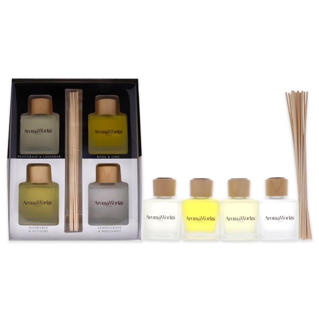 Aromaworks Light Range Reed Diffuser Set by Aromaworks for Unisex - 4 Pc 3.4 oz Petitgrain and Lavender Diffuser, 3.4 oz Basil and Lime Diifuser, 3.4 oz Mandarin and Vetivert Diffuser, 3.4 oz Lemongrass and Bergamot Diffuser