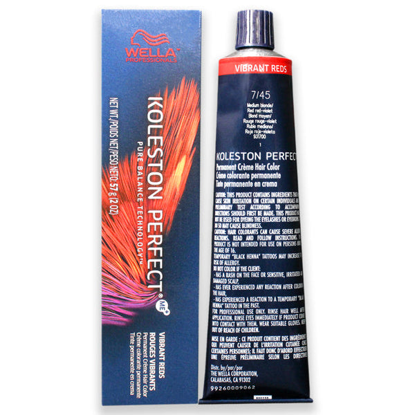 Wella Koleston Perfect Permanent Creme Haircolor - 7 45 Medium Blonde-Red Red Violet by Wella for Unisex - 2 oz Hair Color