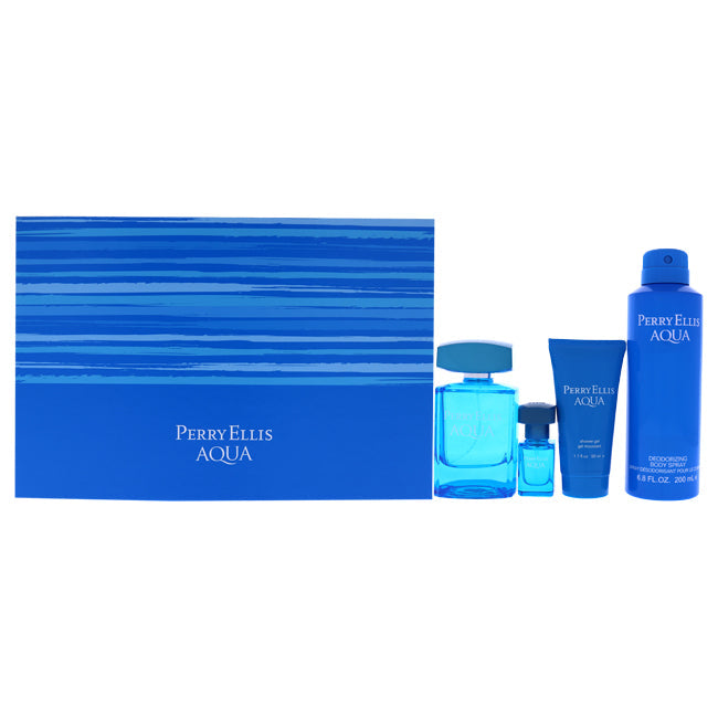 Perry Ellis Perry Ellis Aqua by Perry Ellis for Men - 4 Pc Gift Set 3.4oz EDT Spray, 0.25oz EDT Spray, 6.8oz Deodorizing Body Spray, 1.7oz Shower Gel