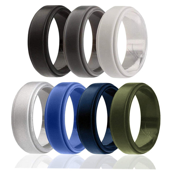 ROQ Silicone Wedding Ring - Step Edge Style Set by ROQ for Men - 7 x 8 mm Black, Grey, Light Grey, Silver, Blue, Navy Blue, Olive Green