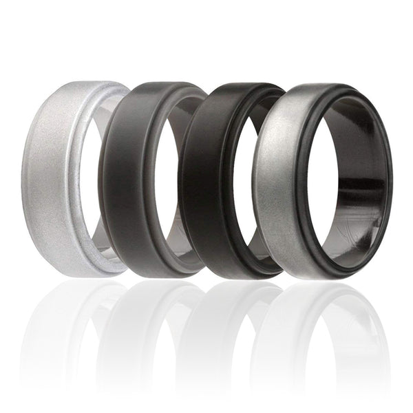 ROQ Silicone Wedding Ring - Step Edge Style Set by ROQ for Men - 4 x 9 mm Beveled Metalic Platinum, Black, Grey, Silver