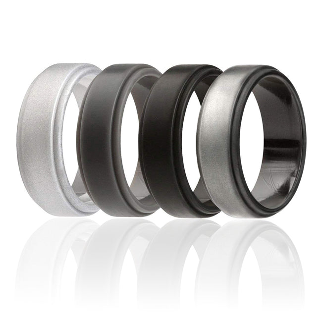 ROQ Silicone Wedding Ring - Step Edge Style Set by ROQ for Men - 4 x 10 mm Beveled Metalic Platinum, Black, Grey, Silver