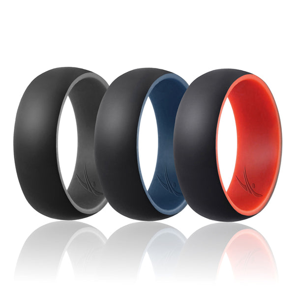 ROQ Silicone Ring - Duo Collection Dome Style Set by ROQ for Men - 3 x 8 mm Grey-Black, Blue-Black, Red-Black
