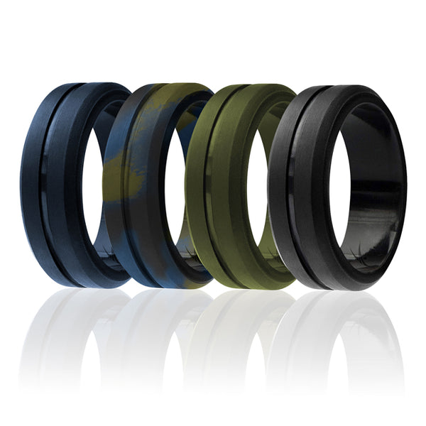 ROQ Silicone Ring - Engraved Middle Line Set by ROQ for Men - 4 x 9 mm Olive Blue Camo, Black, Blue, Dark Green