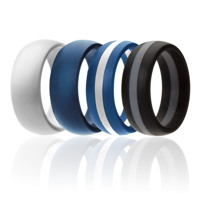 ROQ Silicone Ring - Dome Style and Dome Style with Middle Line Set by ROQ for Men - 4 x 16 mm White, Blue, Blue with White Line, Black with Grey Line