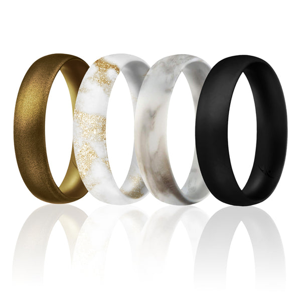 ROQ Silicone Ring - Dome Style Thin Comfort Fit Set by ROQ for Women - 8 mm Marble White with Black, Marble White with Metal Bronze, Black, Metal Bronze
