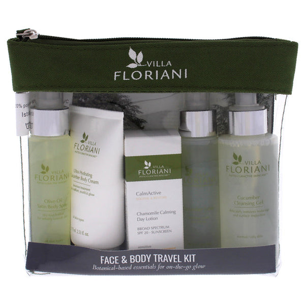 Villa Floriani Face and Body Travel Kit by Villa Floriani for Women - 5 Pc 3.4oz Cucumber Cleansing GEL, 1.69oz Cucumber Toner, 0.68oz Chamomile Calming Day Lotion SPF20, 2.53 Ultra Hydrating Cucumber Body Cream, 1.69oz Olive Oil Satin Body Spray