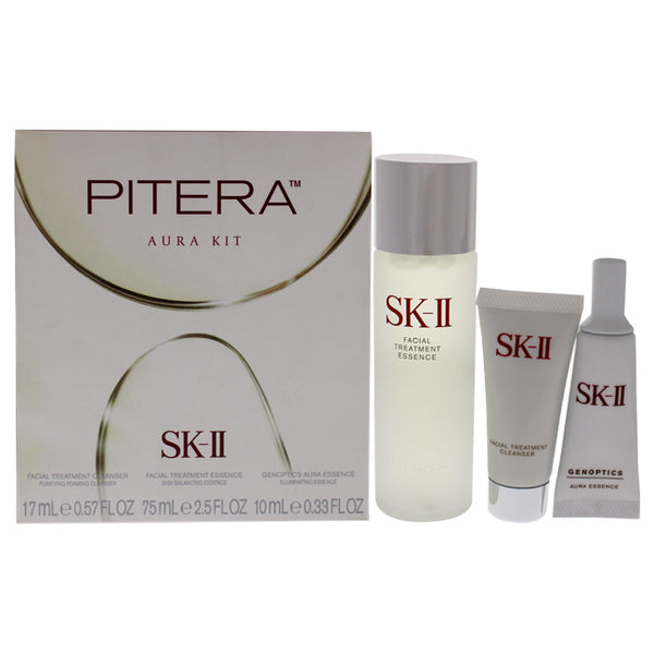 SK II Pitera Aura Kit by SK-II for Unisex - 3 Pc 2.5 oz Facial Treatment Essence, 0.5 oz Facial Treatment Cleanser, 0.33 oz Genoptics Aura Essence