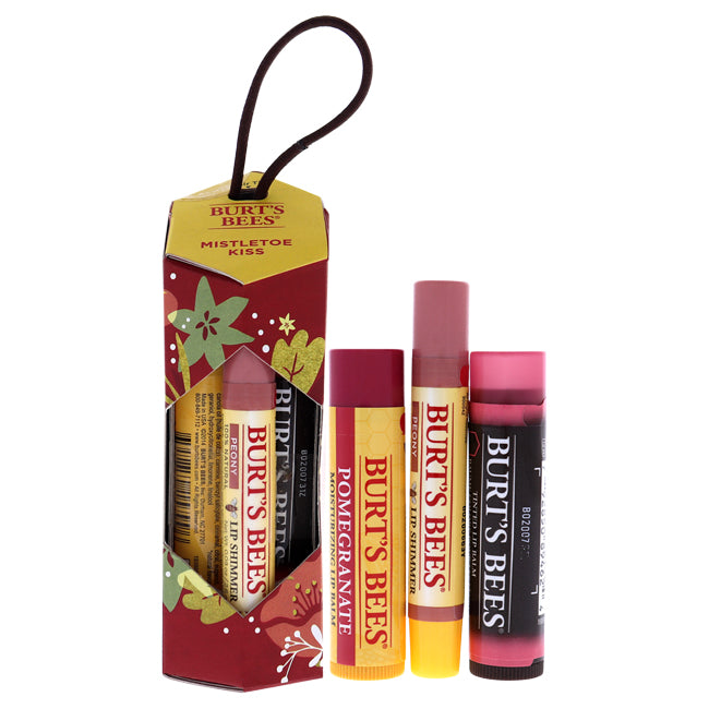 Burts Bees Mistletoe Kiss Kit by Burts Bees for Unisex - 3 Pc 0.15oz Pomegranate Moisturizing Lip Balm, 0.09oz Peony Lip Shimmer, 0.15oz Hibiscus Tinted Lip Balm