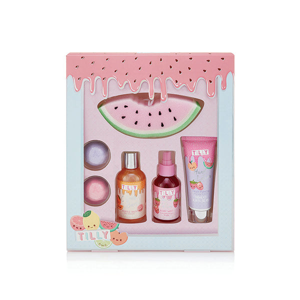 Tilly Fruity Blockbuster Set by Tilly for Women - 6 Pc 120ml Bubble Bath, 100ml Body Mist Cherry, 100ml Hand Lotion, 2 x 50g Bath Fizzer, Watermelon Sponge