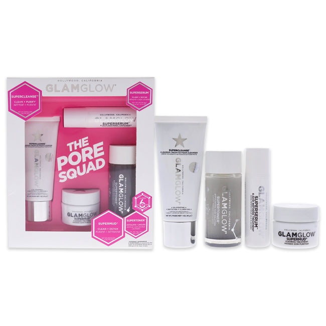 Glamglow The Pore Squad Set by Glamglow for Unisex - 4 Pc 0.5oz Supermud Clearing Treatment, 1oz Supertoner Exfoliating Acid Solution, 1oz Supercleanse Clearing Cream-To-Foam Cleanser, 0.34oz Superserum 6-Acid Refining Treatment