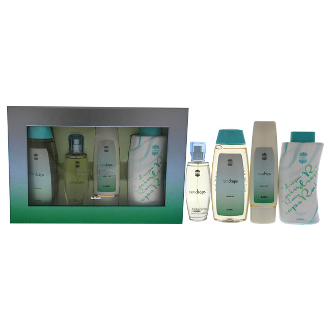 Ajmal Raindrops by Ajmal for Women - 4 Pc Gift Set 1.7oz EDP Spray, 3.4oz Body Lotion, 6.7oz Shower Gel, 3.5oz Perfumed Body Powder