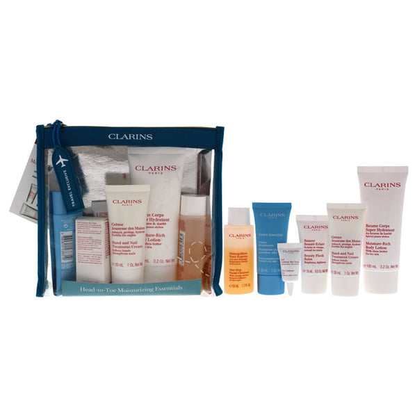 Clarins Head-to-Toe Moisturizing Essentials Set by Clarins for Women - 6 Pc 1.7oz One-Step Facial Cleanser, 0.1oz Eye Contour Gel, 0.5oz Beauty-Flash Balm, 1oz Hydra-Eseentiel, 3.2oz Moisture-Rich Body Lotion, 1oz Hand and Nail Treatment Cream
