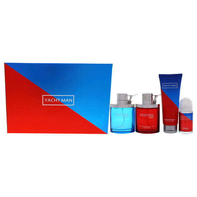 Myrurgia Yacht Man Blue and Yacht Man Red by Myrurgia for Men - 4 Pc Gift Set 3.4oz Red EDT Spray, 3.4oz Blue EDT Spray, 5.07oz After Shave Balm, 1.69 Deodorant Stick