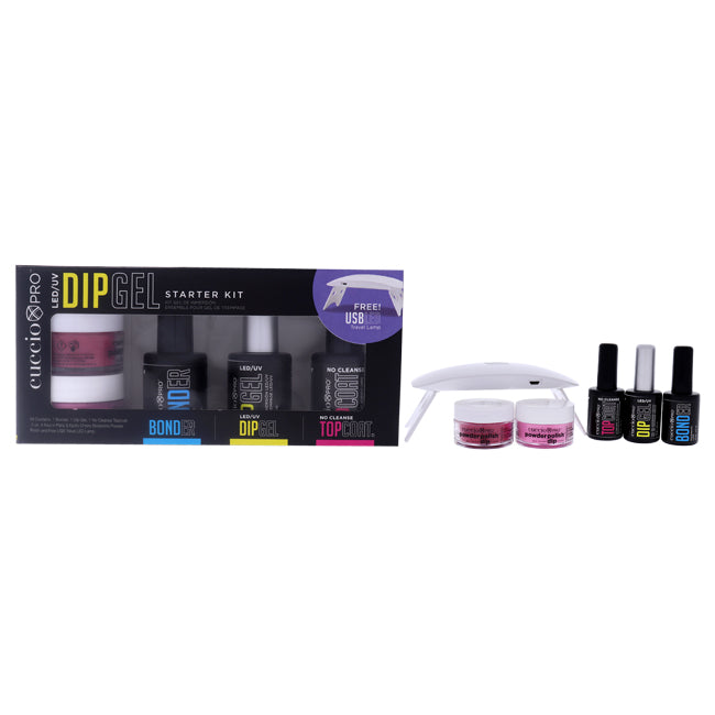 Cuccio Pro Led-Uv Dip Gel Starter Kit by Cuccio Pro for Women - 6 Pc 0.5oz Bonder, 0.5oz Dip Gel, 0.5oz No Cleanse Topcoat, 0.5oz Akiss In Paris and 0.5oz Kyoto Chewrry Blossoms Powder Polish, Free USB Travel Led Lamp