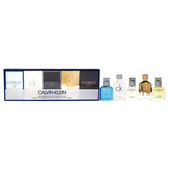 Calvin Klein Calvin Klein Deluxe Fragrance Travel Collection by Calvin Klein for Men - 5 Pc Mini Gift Set 0.33oz Eternity Air EDT Spray, 0.33oz CK One EDT Spray, 0.33oz Eternity EDT Spray, 0.33oz CK Gold EDT Spray, 0.33oz Eternity EDP Spray