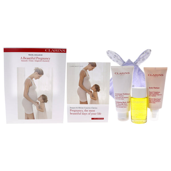 Clarins A Beautiful Pregnancy Set by Clarins for Women - 3 Pc 6.9oz Exfoliating Body Scrub For Smooth Skin, 3.4oz Tonic Treatment Oil, 5.8oz Body Partner