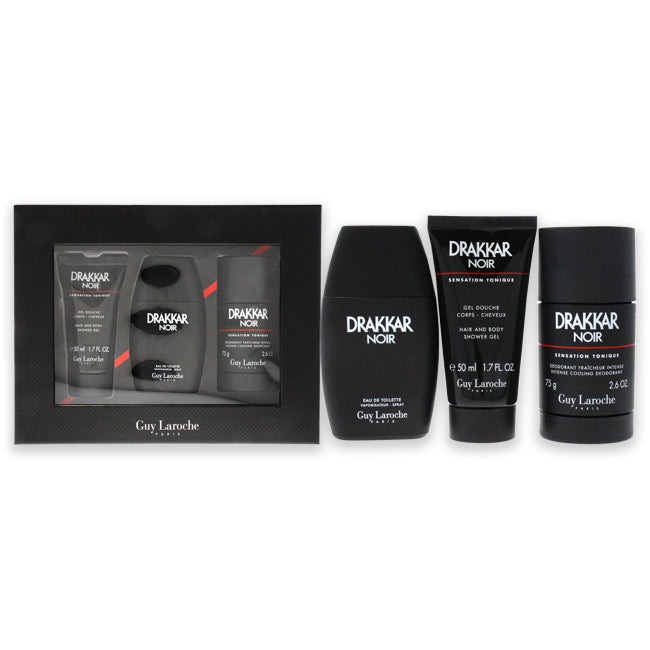 Guy Laroche Drakkar Noir by Guy Laroche for Men - 3 Pc Gift Set 1.7oz EDT Spray, 2.6oz Deodorant Stick, 1.7oz Hair and Body Shower Gel