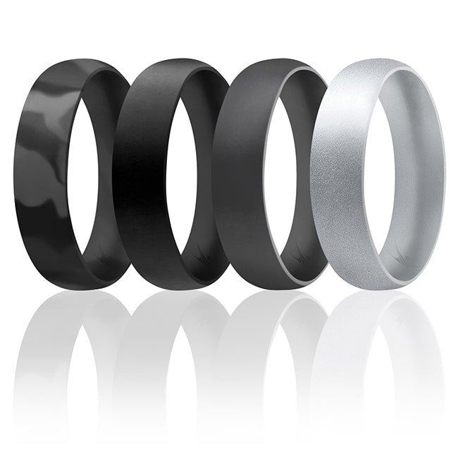 Silicone Wedding 6mm Smooth Ring Set - Black Camo by ROQ for Men - 4 x 14 mm Ring
