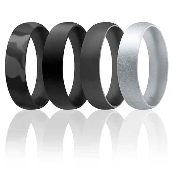 Silicone Wedding 6mm Smooth Ring Set - Black Camo by ROQ for Men - 4 x 16 mm Ring