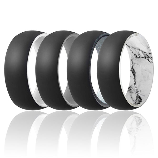 Silicone Wedding 2Layer Dome Ring Set - Black-Marble by ROQ for Men - 4 x 15 mm Ring