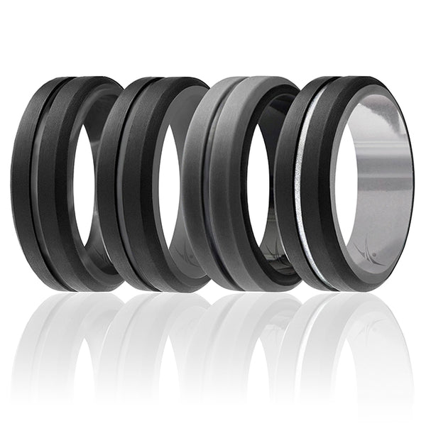 Silicone Wedding 2Layer Middle Line Ring Set - Black-Camo by ROQ for Men - 4 x 8 mm Ring