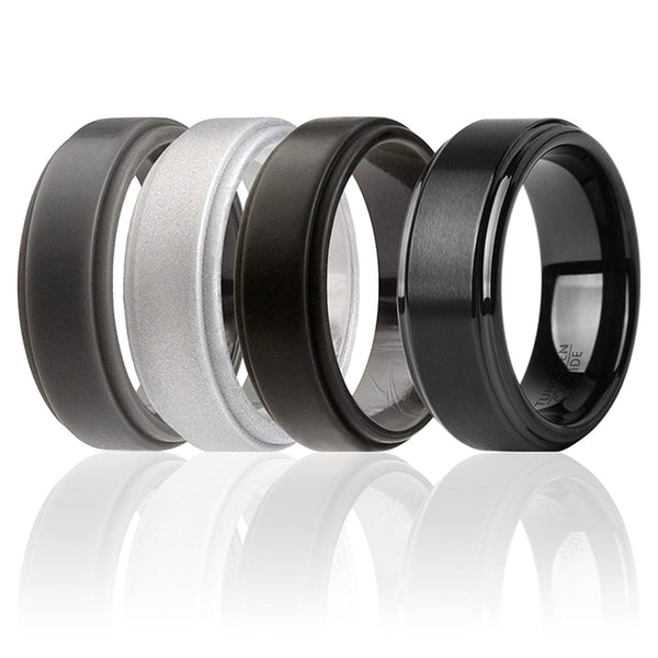 Silicone Wedding Twin Step Ring Set - Black by ROQ for Men - 4 x 13 mm Ring