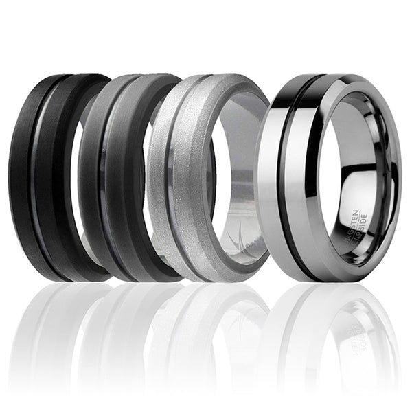 Silicone Wedding Twin Middle Line Ring Set - Black by ROQ for Men - 4 x 8 mm Ring