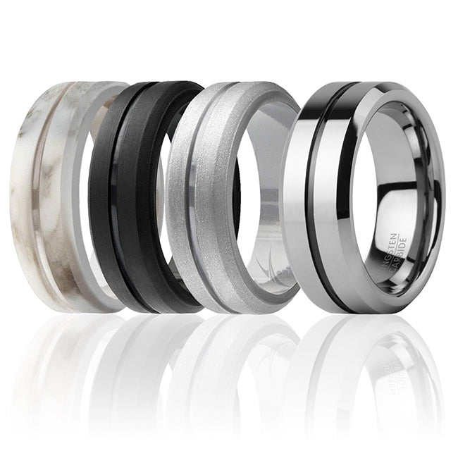 Silicone Wedding Twin Middle Line Ring Set - Marble by ROQ for Men - 4 x 7 mm Ring