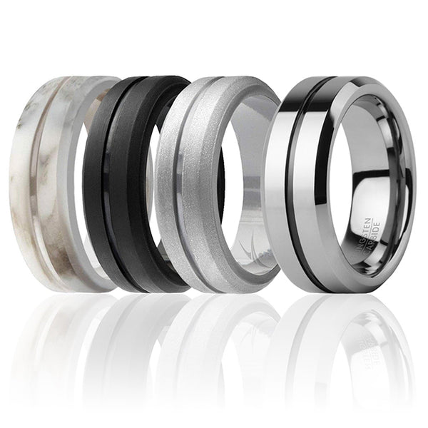 Silicone Wedding Twin Middle Line Ring Set - Marble by ROQ for Men - 4 x 13 mm Ring