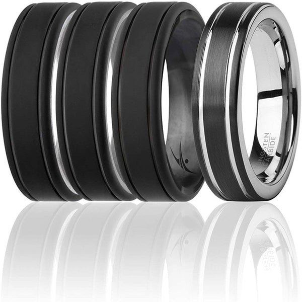 Silicone Wedding Twin 2Layer Ring Set - Black by ROQ for Men - 4 x 13 mm Ring