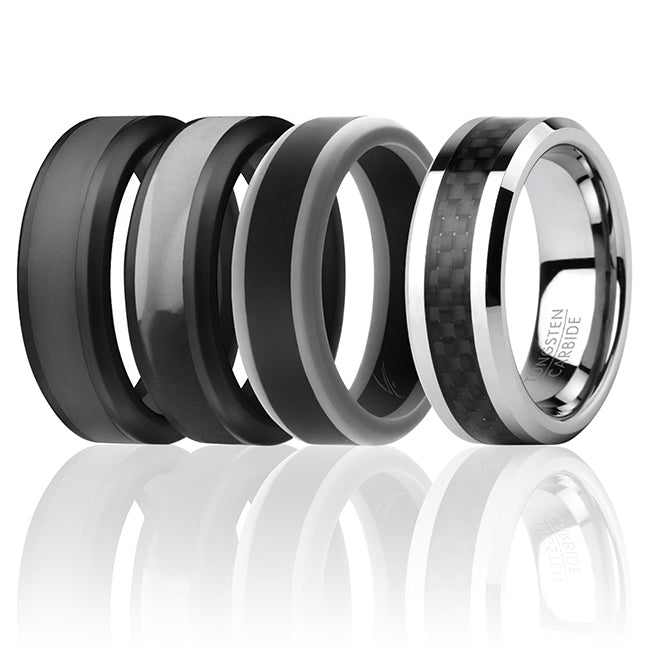 Silicone Wedding Twin Carbon Ring Set - Black-Grey by ROQ for Men - 4 x 8 mm Ring