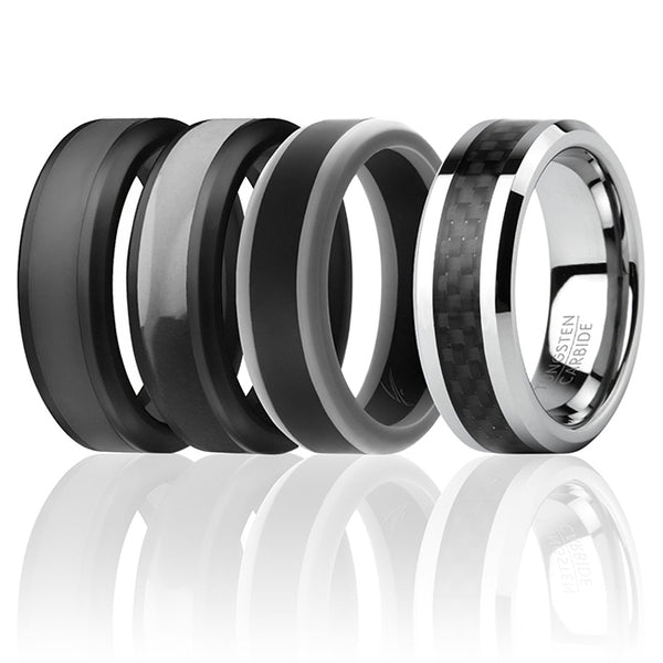 Silicone Wedding Twin Carbon Ring Set - Black-Grey by ROQ for Men - 4 x 9 mm Ring