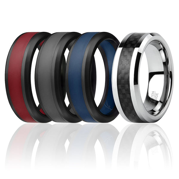 Silicone Wedding Twin Carbon Ring Set - Bordeaux by ROQ for Men - 4 x 14 mm Ring