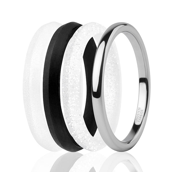Silicone Wedding Twin 2mm Ring Set - Black-White by ROQ for Women - 4 x 10 mm Ring