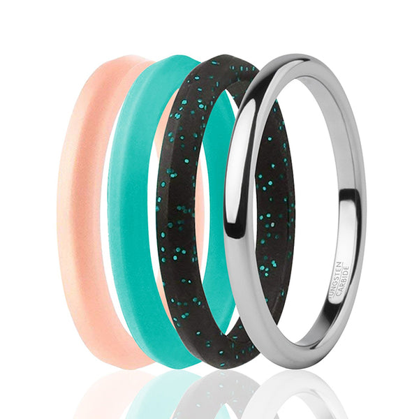 Silicone Wedding Twin 2mm Ring Set - Turquoise by ROQ for Women - 4 x 5 mm Ring