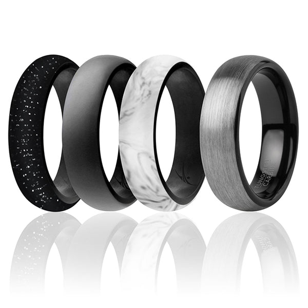 Silicone Wedding Twin Brushed 6mm Ring Set - Marble by ROQ for Women - 4 x 11 mm Ring