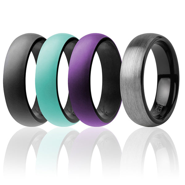 Silicone Wedding Twin Brushed 6mm Ring Set - Turquoise by ROQ for Women - 4 x 4 mm Ring